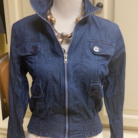 Voice NYC Chambray Denim Zip Jacket Multi Pockets Smocked Fit Waist Button Cuffs - Picture 8 of 16